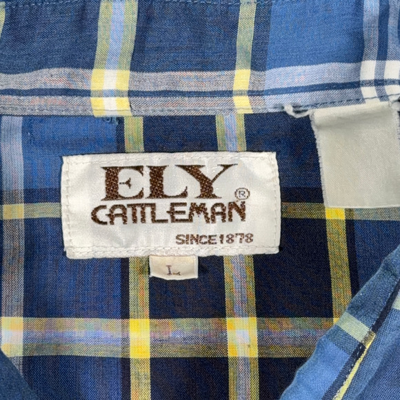 Vintage Ely Cattleman Western Shirt Adult LARGE Blue Yellow Plaid Pearl Snap 90s - Picture 4 of 8